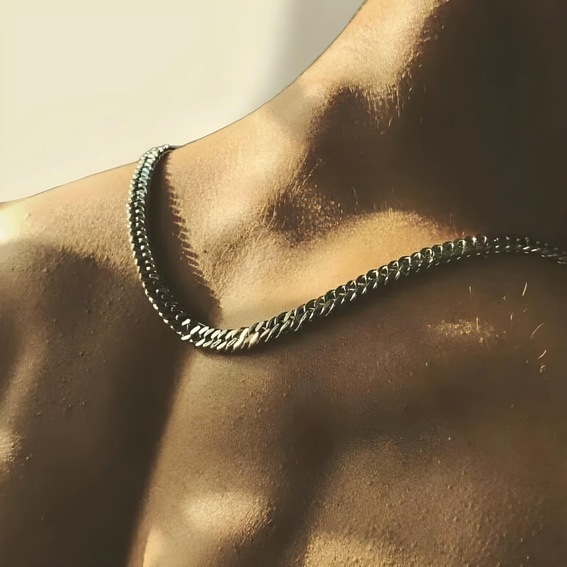 Silver 8mm flat Cuban chain necklace, 20 inches long, displayed with close-up of links showcasing its polished finish.